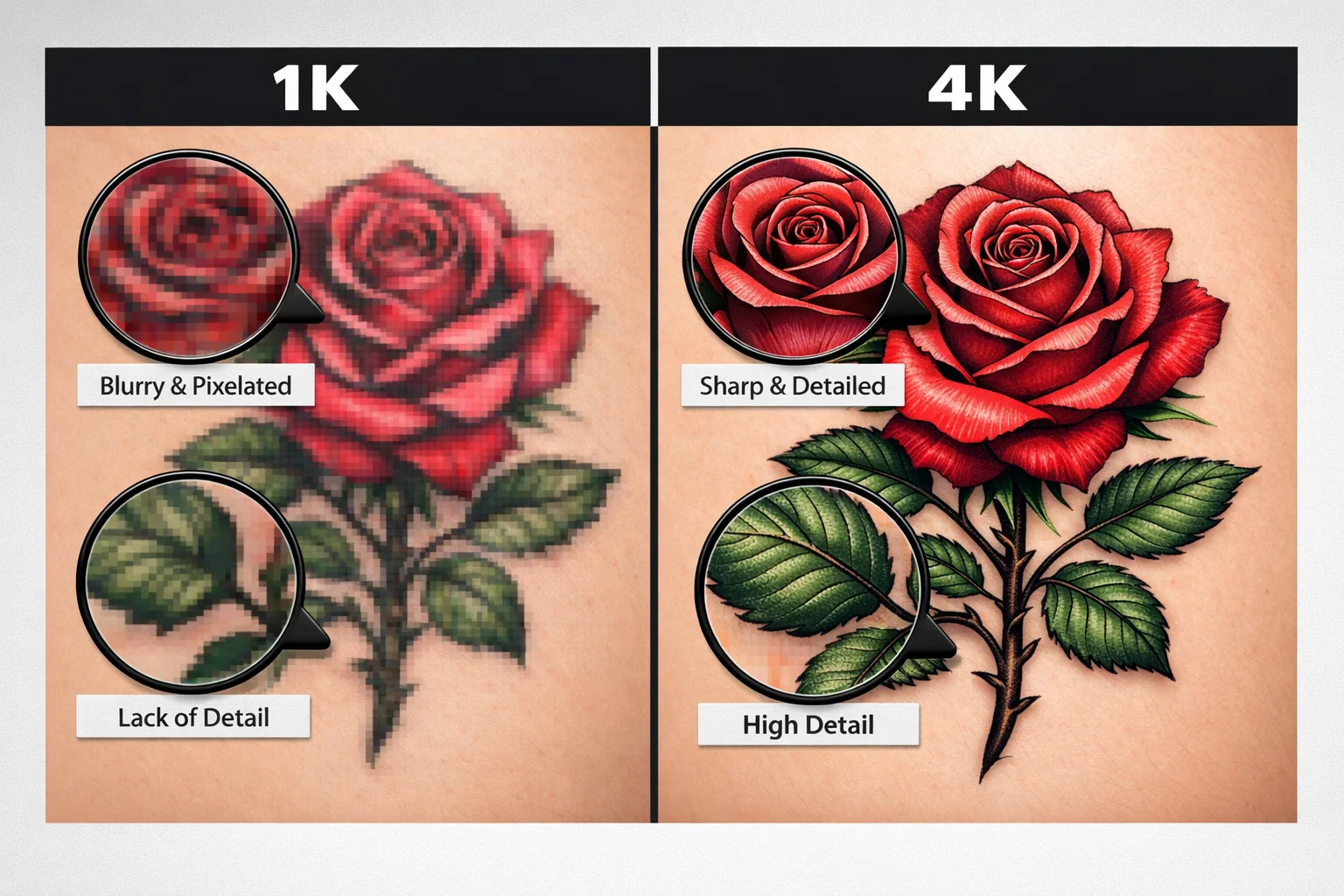 Side by side comparison of 1K blurry pixelated rose tattoo versus 4K sharp detailed rose tattoo showing quality difference